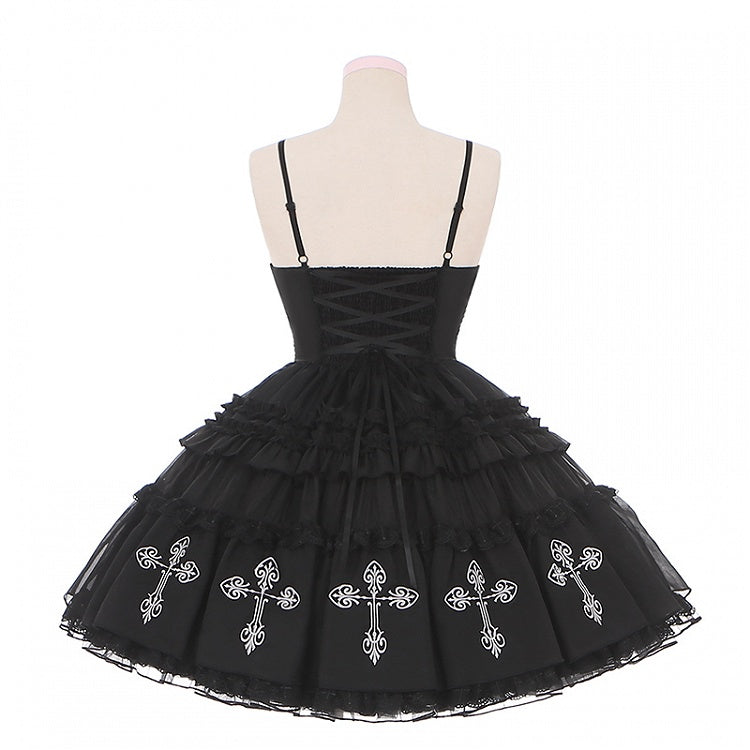 Kuro Gothic Lolita Puffy Kleid Pulloverrock mit schwarzem Kreuzdruck und Spitzenbesatz