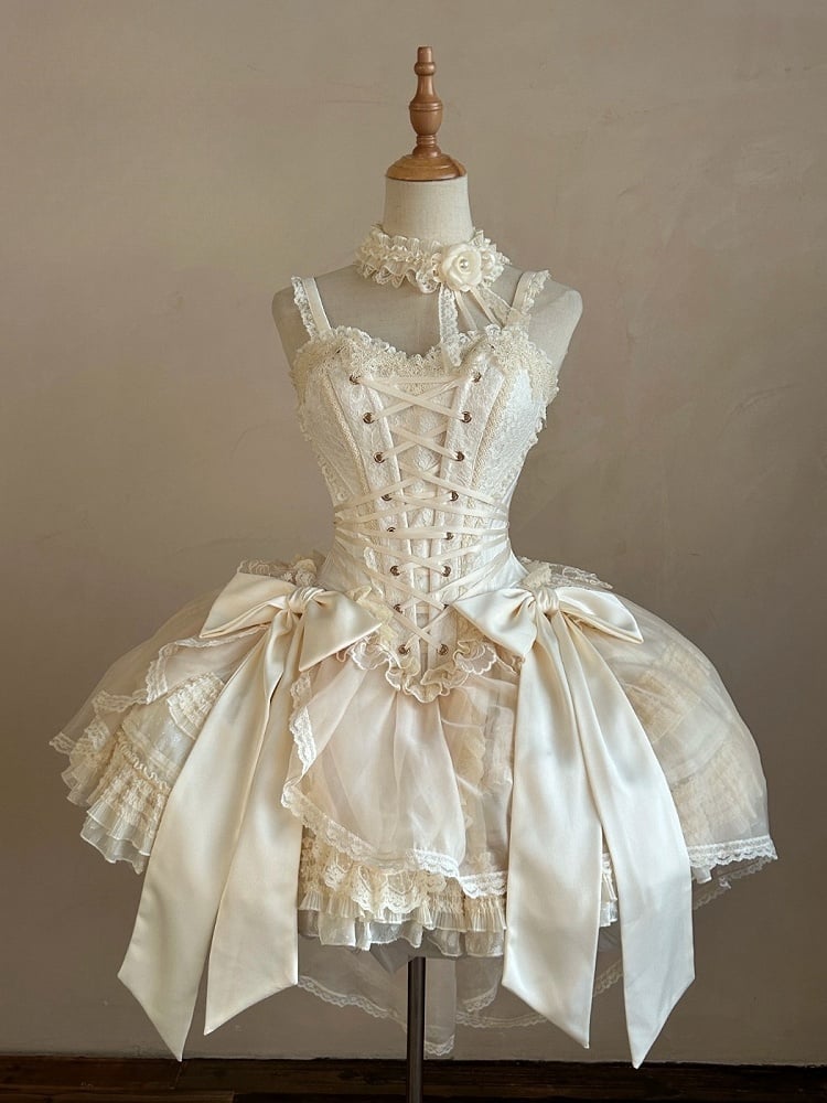 + Top Set Creamy Elegant Balletcore Skirt Lolita High-low Overlay Corset - Boned