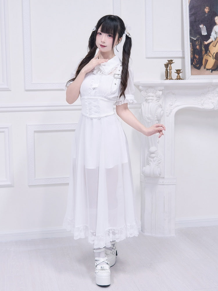 Free Belt Neckline Buckle Jirai Kei White Long Dress Illusion Accents Corset with