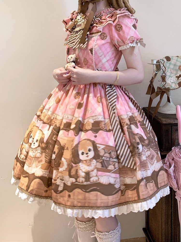 Robe Lolita rose à manches courtes et imprimé chiot et biscuit