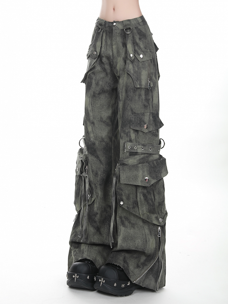 Gray/Green Faded Vintage Dark Wash Wide-Leg Cargo Jeans with Zippered Cuffs