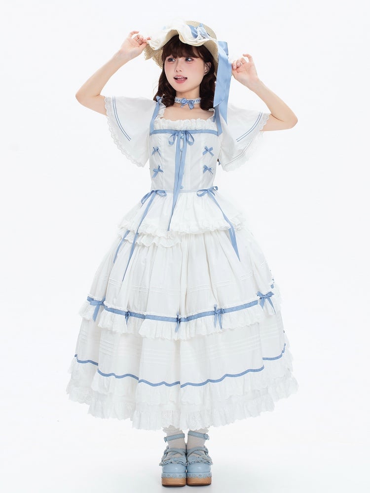 Detachable with Lolita Plus Cotton Classic Available Blue Sizes Butterfly White Dress Sleeves and