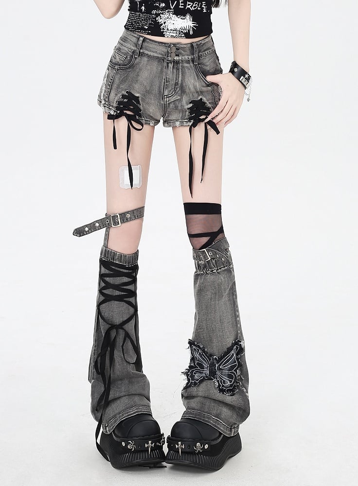 with Applique Dusty Gray Lace-up Details Butterfly Warmers Hem Denim Shorts Leg