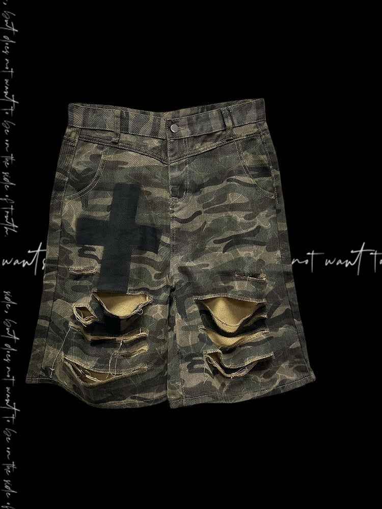 Punk Camouflage Distressed Holes Wasteland Wide-Leg Shorts