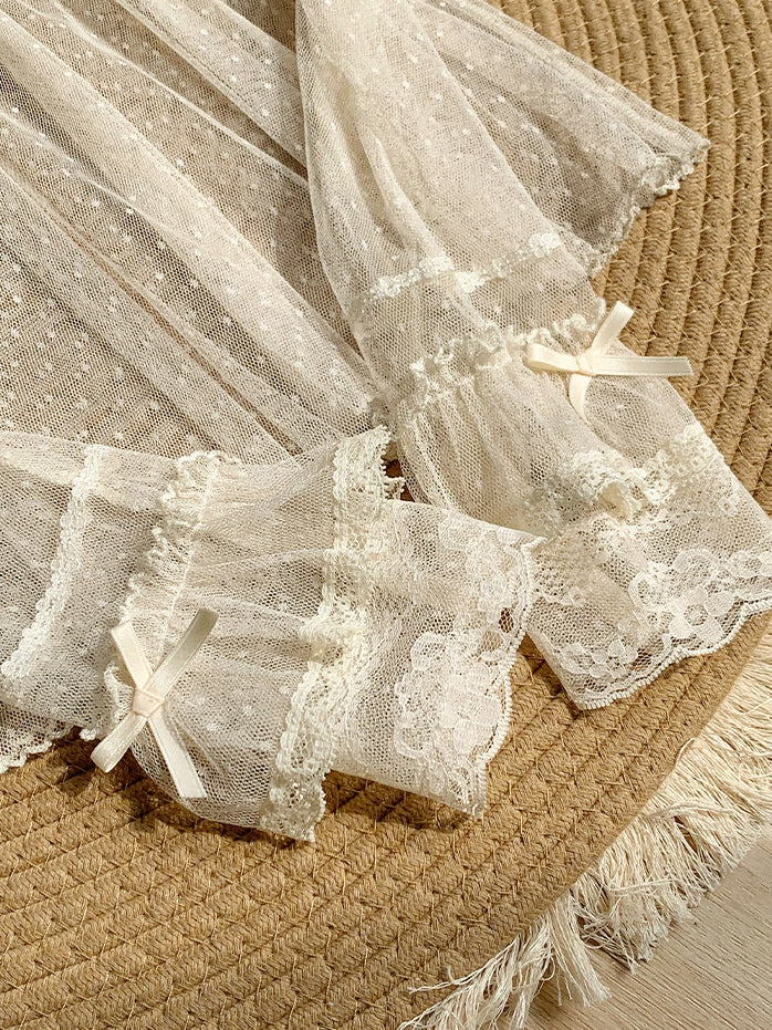 Long Tulle Sheer Top Lace Beige Sleeves Dots