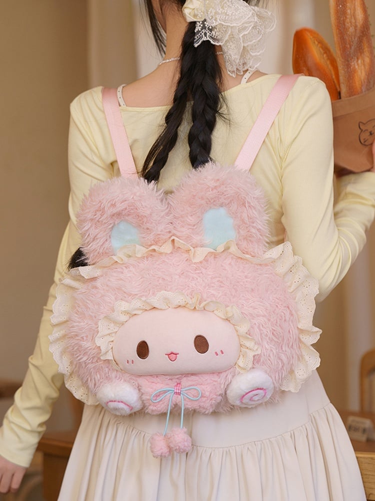 Backpack Plush Rabbit-shaped Trim Lace Pink