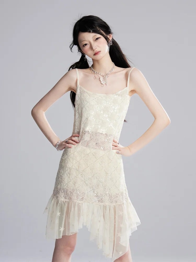 Strapless Hem Cropped Sequins Mesh Slip Dress/Apricot Apricot Semi-sheer Top Star Pattern Asymmetrical