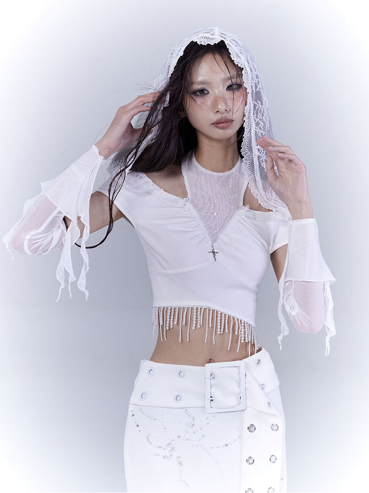 Hood Punk Hem Top with Cropped White Cutout Lace Shoulder Beaded Tassel