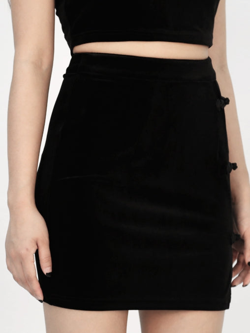 Skirt Cheongsam Side Velvet Buttons with Style Black Frog Slit Mini and