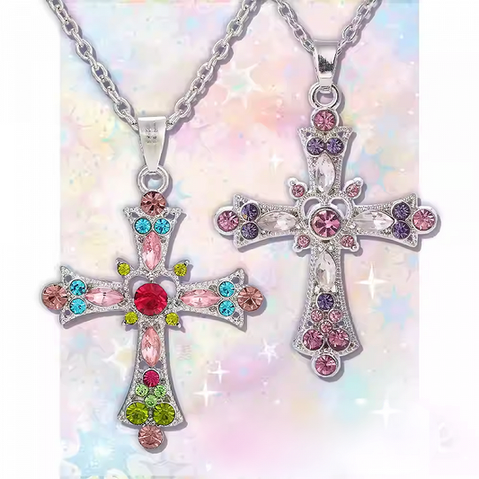 ネオンレインボー/パープルラインストーンクロスペンダントチェーンネックレス