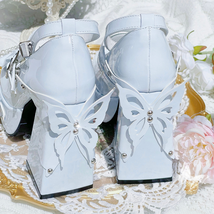 Light Design Lolita Shoes Platform Heels Bowknot Blue Butterfly Block Stud High
