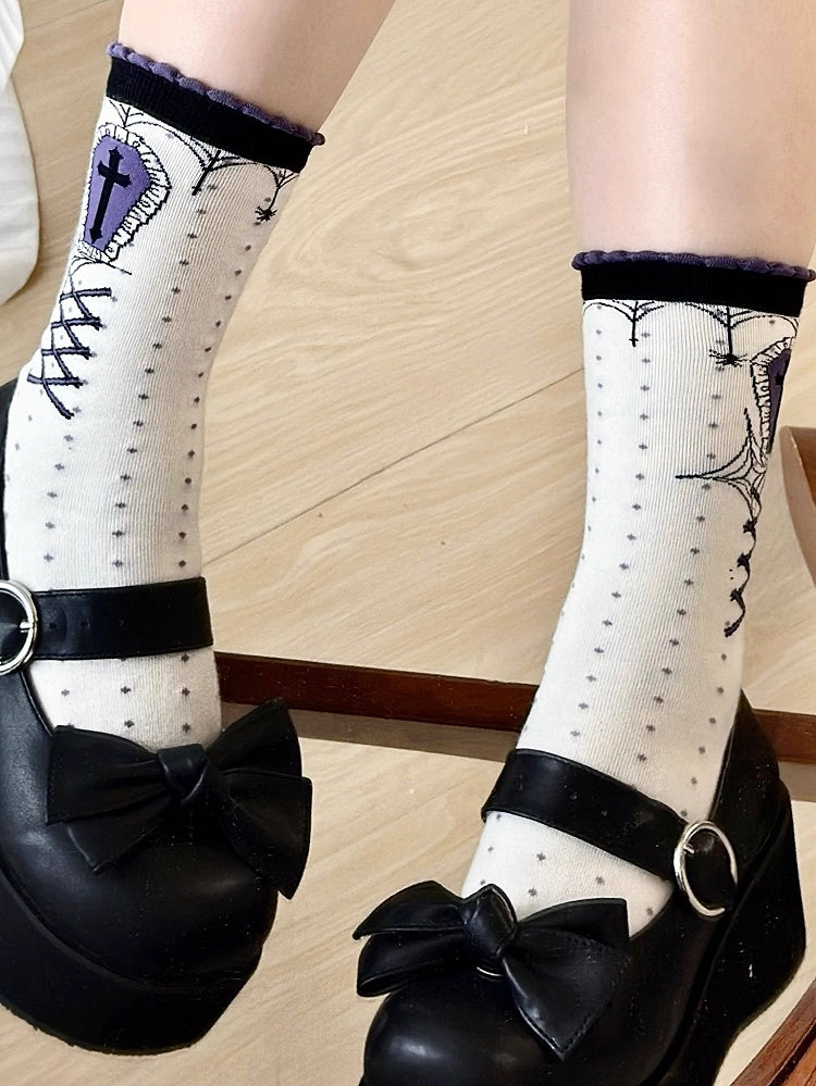 Polka-dot White Pattern Lolita Socks Gothic Calf Purple Cross Print Dark Coffin