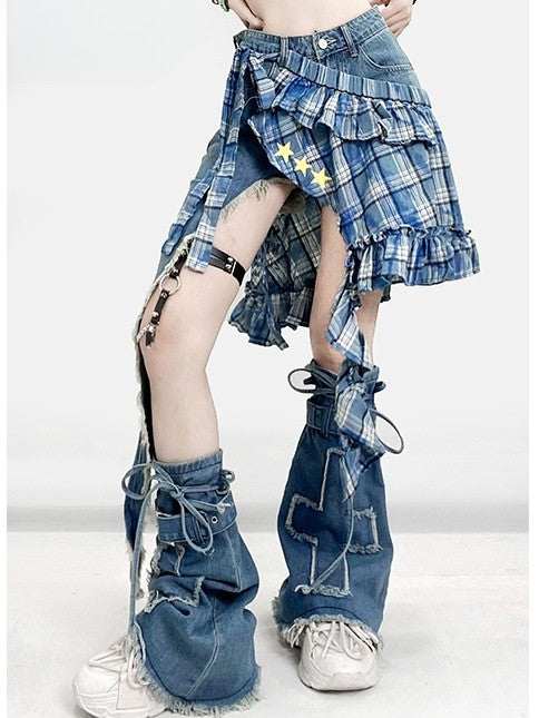 Warmers + Blue Print Hem Shorts Glamorous Pattern Bittersweet Asymmetrical Star Set- Plaid Applique Skirt Leg Cross