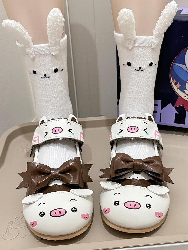 Flat Bow in Velcro Sweet PU Piggy Brown Scalloped Adorable Edging Lolita with Shoes Removable