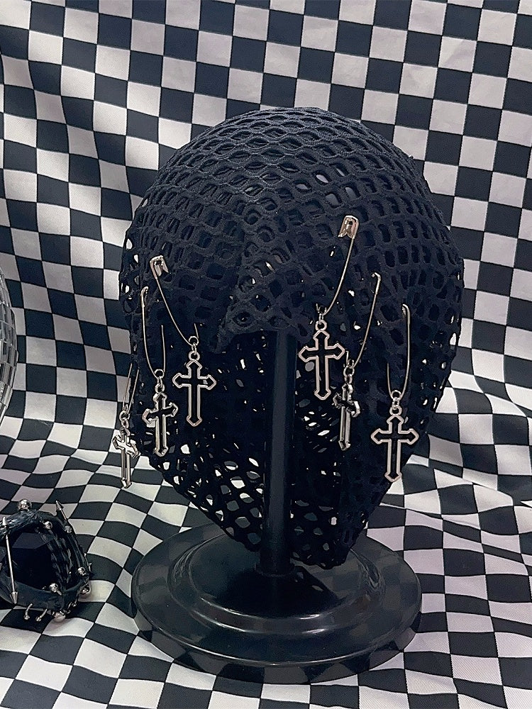 Charm Black Beanie Details Pin Y2K Design Cross Fishnet