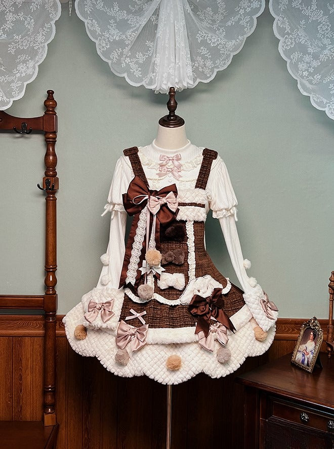 Dress and with Scalloped Brown White Sweet Trim Lolita Overalls Pom-poms Bowknots Edge