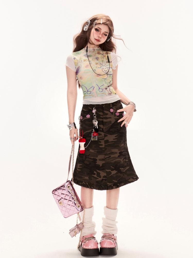 Waist Vintage Ruffle Hem Denim Mermaid Skirt Camo Low
