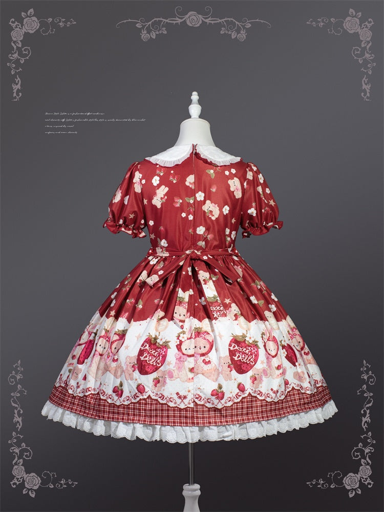 Wine Red Strawberry Bear Sweet Lolita Dress Cottagecore Country OP