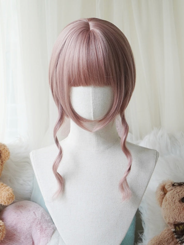 Pink Bob Cut Straight Wig With Bangs+Double Long/Short Ponytail Claw Clips