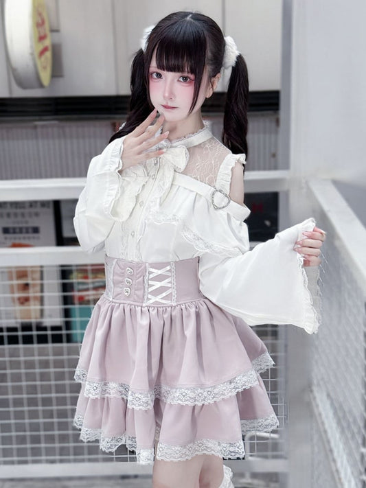 Ärmel mit Schulterausschnitten Jirai Top Weißes ausgestelltes Outfit: Style Kei