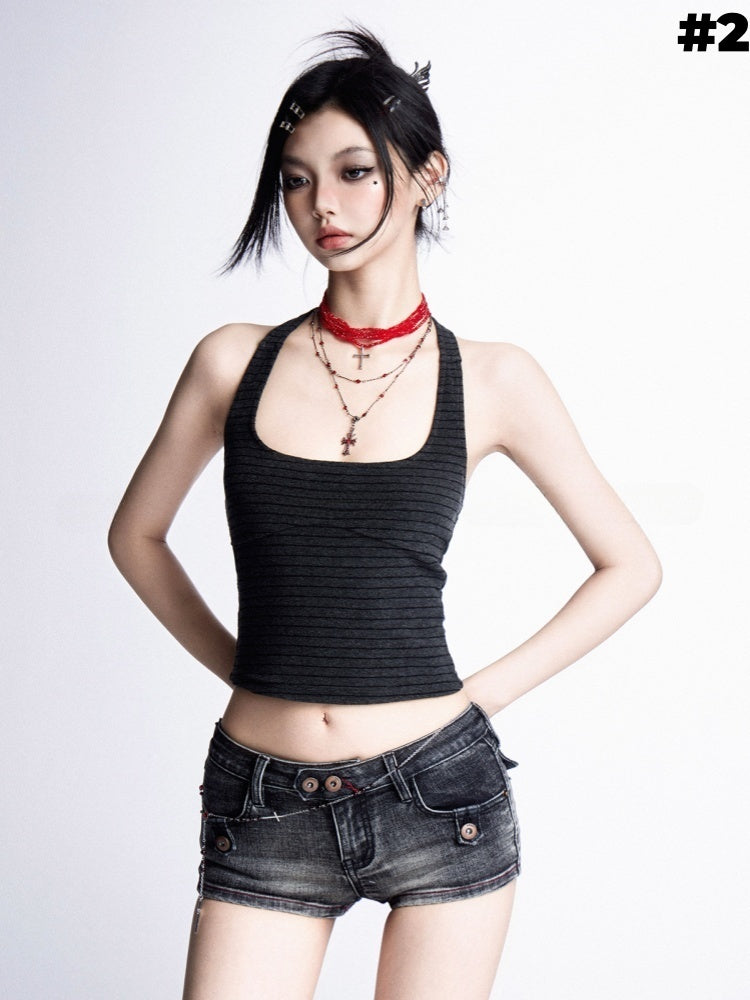 Strapless/Sleeveless Top and Gray Stripes Glamorous Cropped Black