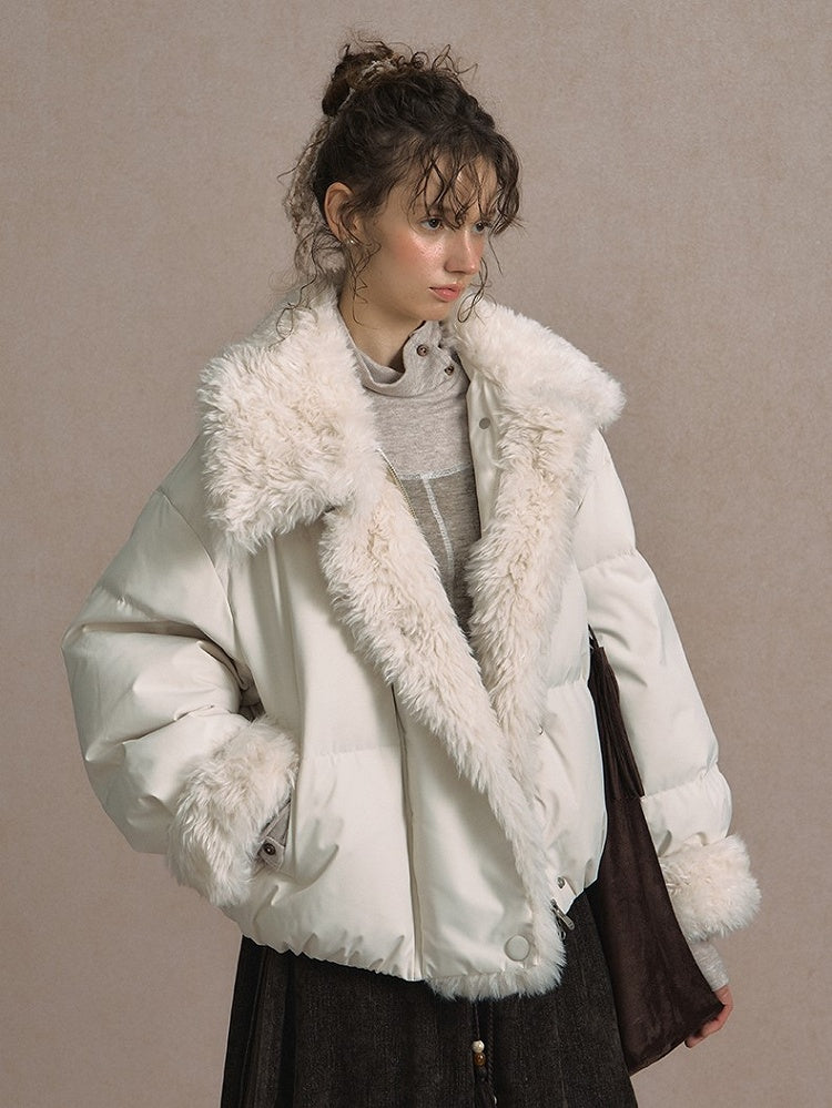 Beige/Brown Short Puffer Jacket with Faux Fur Trim and White Duck Down Filling