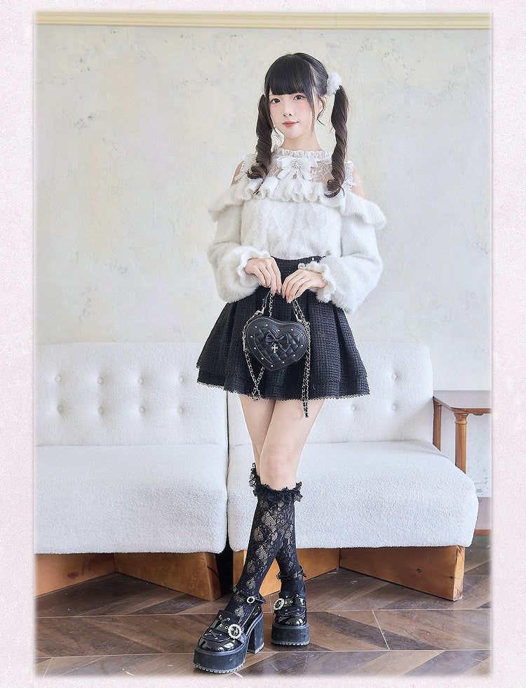 Ruffle Trim White Jirai Kai Contrast Lace Patches Sweater Cutout Shoulder Bowknots