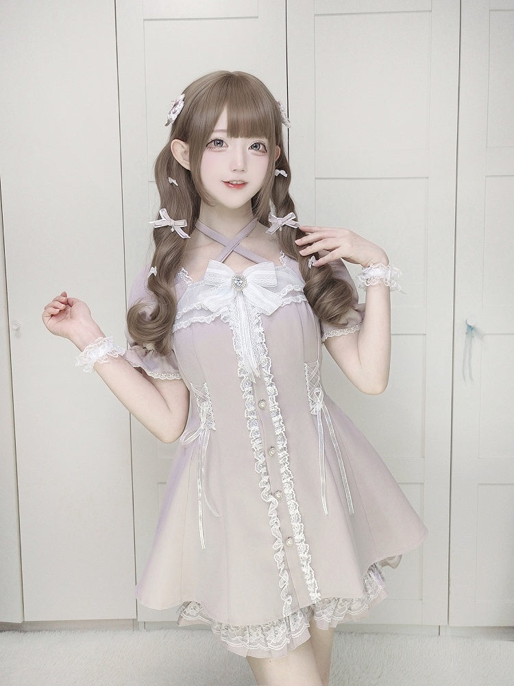 Kleider-Shorts-Set: Knöpfe, Herz-Coord + Sweet Kei Jirai mit hellrosa geformtem Neckholder