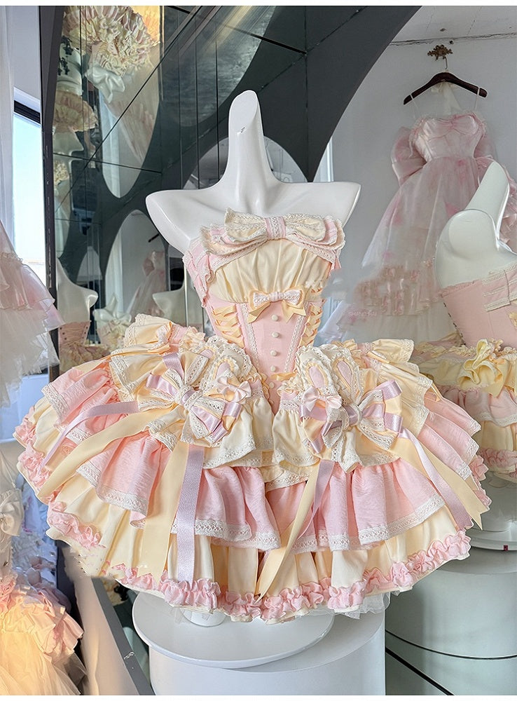and Boned Ear Bowknot Waist Basque with Pink Skirt Dress Bunny Puffy on Sweet Yellow Design