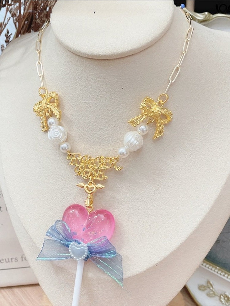 Necklace Bowknot Decorated Pendant Yellow/Pink/Purple Lollipop Beaded And