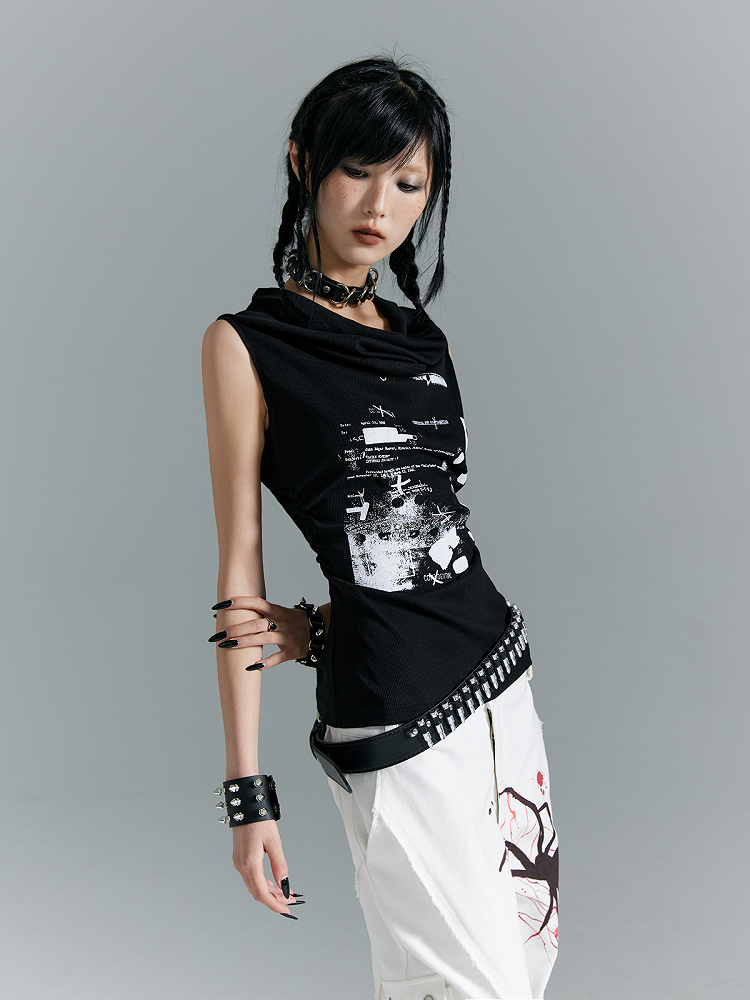 With White Print Black Knit Hooded Tank Top Letter