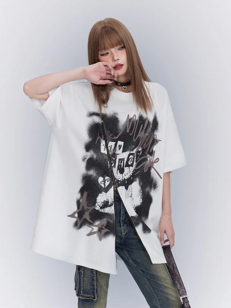 White Round Neck Printed Loose T-Shirt with Zipper Detail