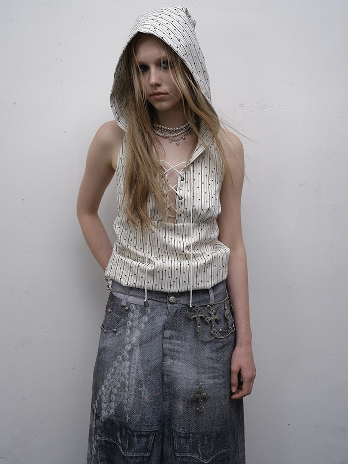 Print Top White Star Pattern Lace-up Sleeveless Hoodie Striped Detail