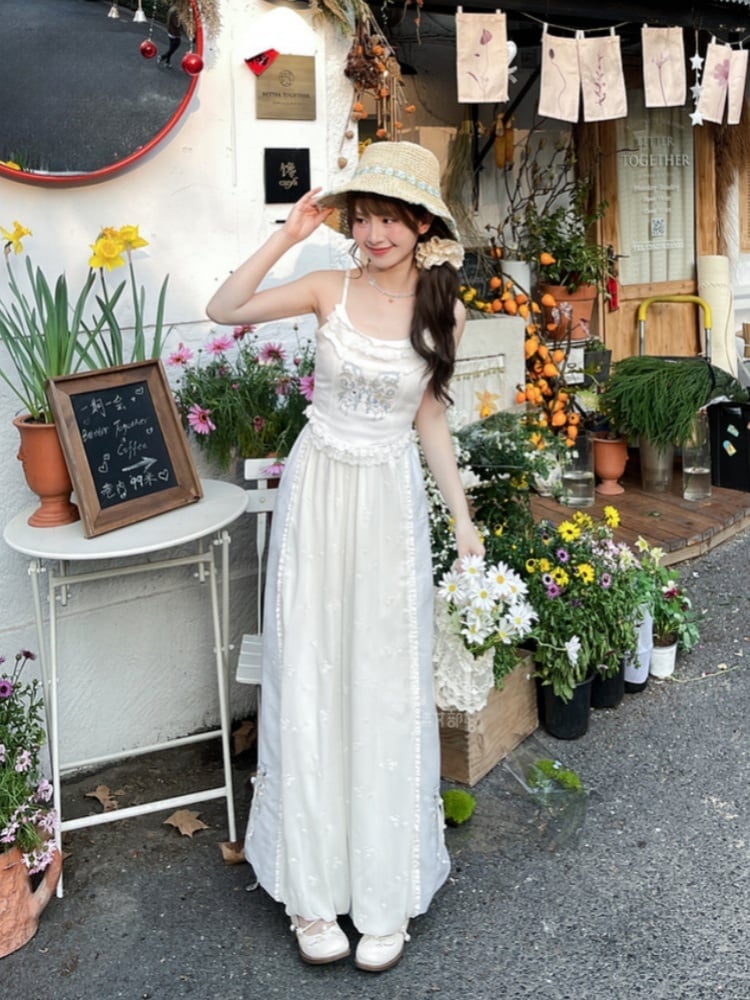 Version Cuffs Holiday Blue and White Colorblock Design Wide-Leg Pants Butterfly Embroidery Regular/Short