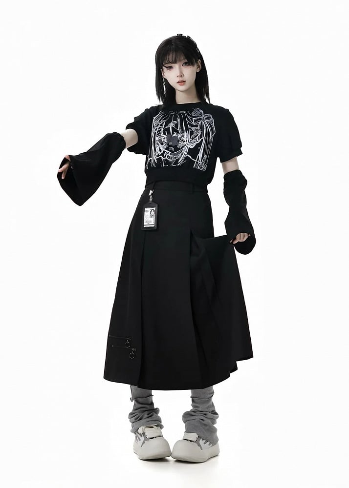 スカート ボックスプリーツ アンクル ブラック ジッパーディテール 長さ