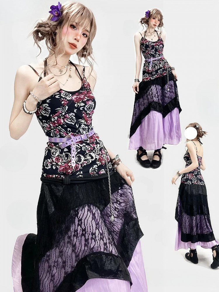 + Floral Top Halter Underskirt Cami Skirt Lace Set- Dress Holiday Neck Black Purple Bittersweet