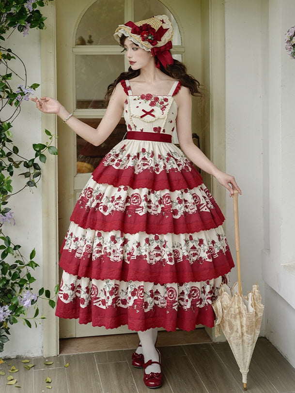 Klassisches Lolita-Teekannenrock-Print in Rot mit gestuftem Rosen-Blumenmuster und Pulloverkleid