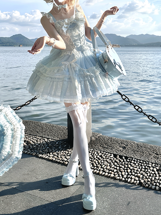 Pullover, abnehmbare Ärmel, Rock, süßes Lolita-Kleid, flatternd mit großem blauen Schnürmieder, hoch taillierter Schleife