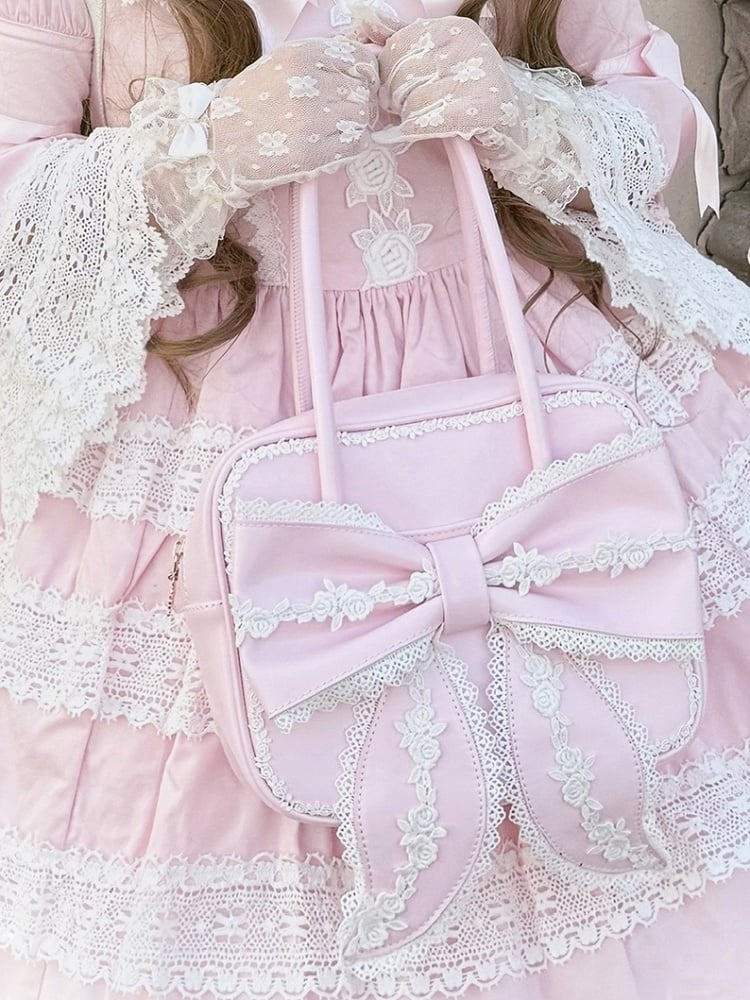 Old Square School Lace and with PU Lolita Pink Shoulder Bag Bow Details