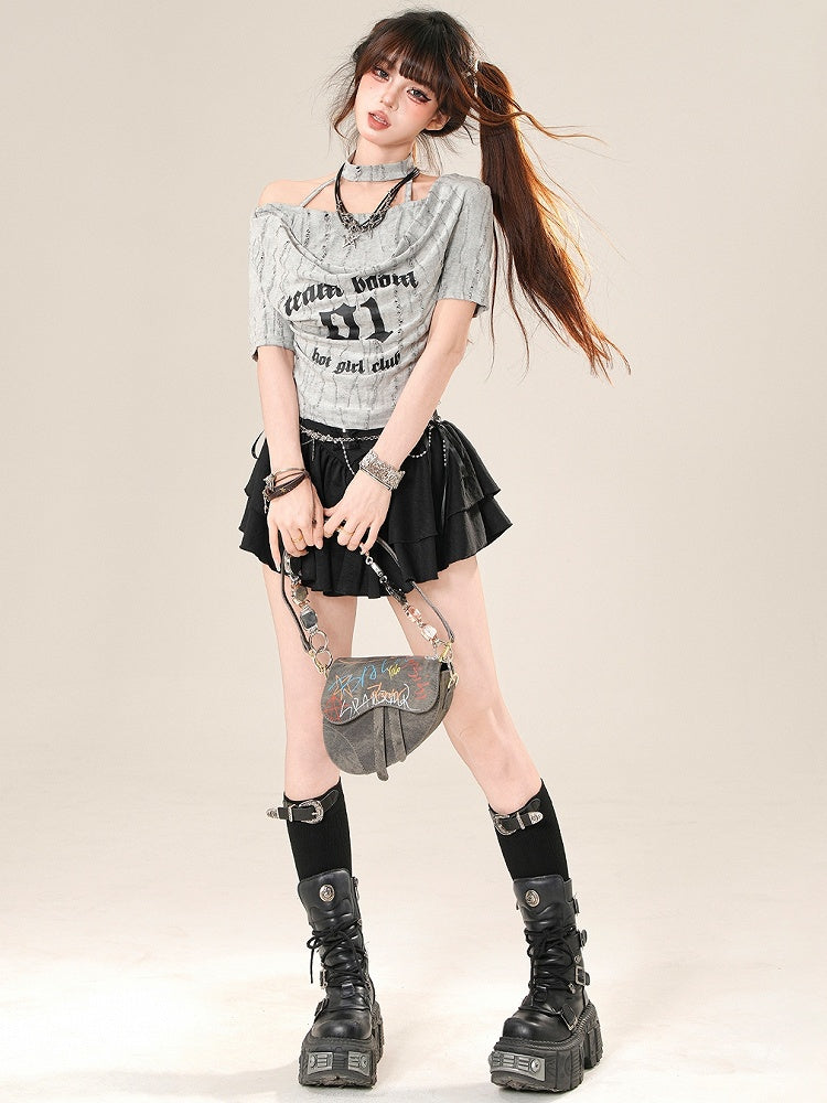 Glamorous Bittersweet Letter T-shirt Number Gray/Black And Print
