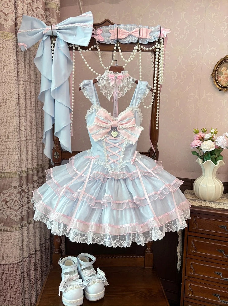 Skirt and Pink Blue Jumper Skirt Hime Lolita Dress Flutter Sleeves Tiered
