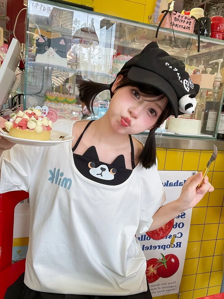 Katzen-T-Shirt, Kunstweiß, Neckholder-Zweiteiler