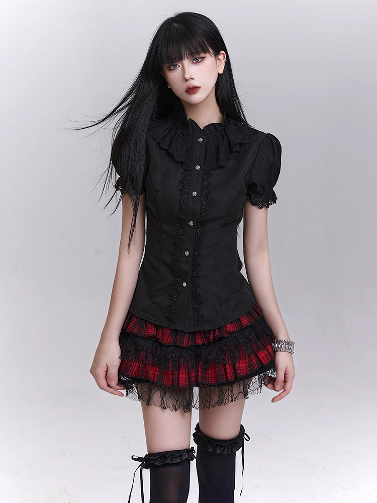 Tie Black Puff Sleeves Vintage Gothic Blouse with Detachable Jabot