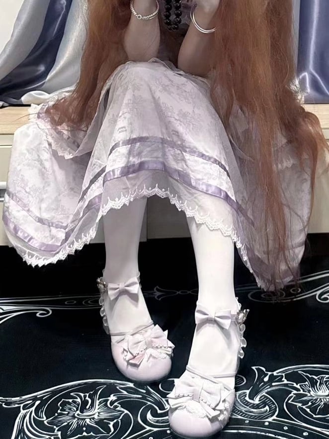 Heel Purple Accents with Janes - Mary Mid Lolita Sweet PU Bow