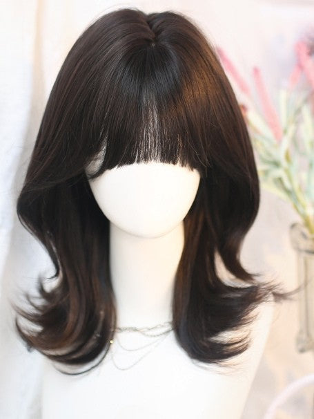 Gewellte Air-Perücke mit Schulterpartie, Schwarz, 35–40 cm, Ponylänge, Tee