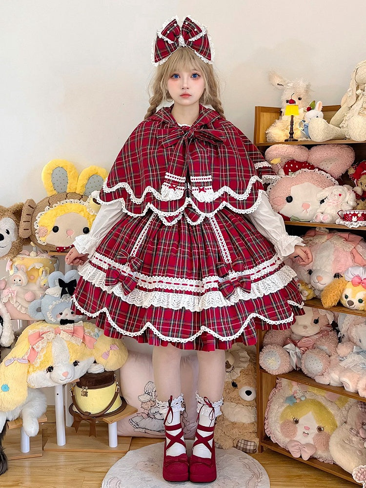 and Plaid Bunny Ears Red Cape Hooded with Petal-like Trim
