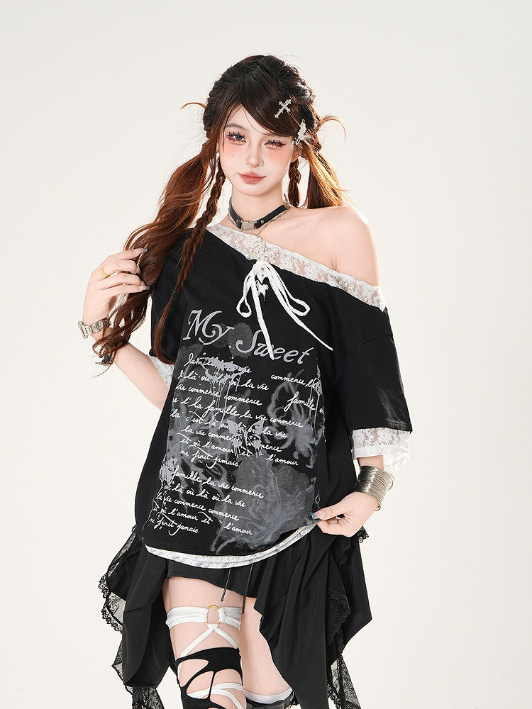 Loose Asymmetrical Neckline Lace Trim Butterfly Print Black/White T-shirt