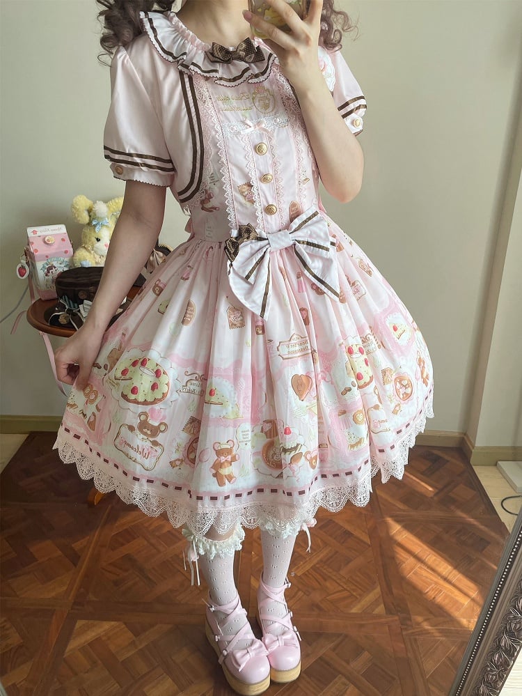 Two-pieces Theme Fake Desserts Bear Dress Pink Lolita Sweet Print Design