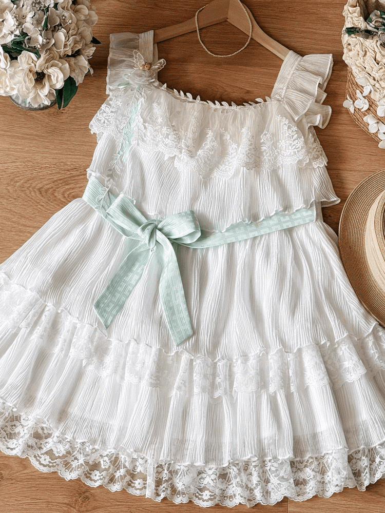 and Brooch with Waist Belt Tiered Lace Trim Flutter Sleeves Dress Sweet White