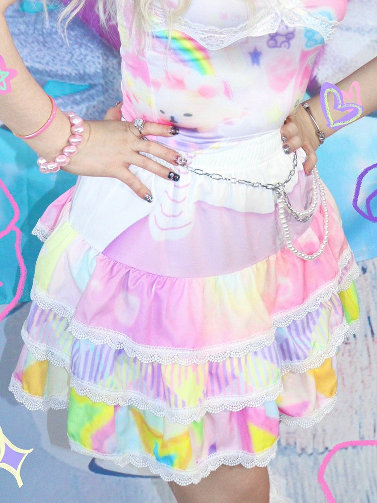 White/Blue/Purple Skirt with Lace Trim Y2K Striped Pattern Tiered A-Line